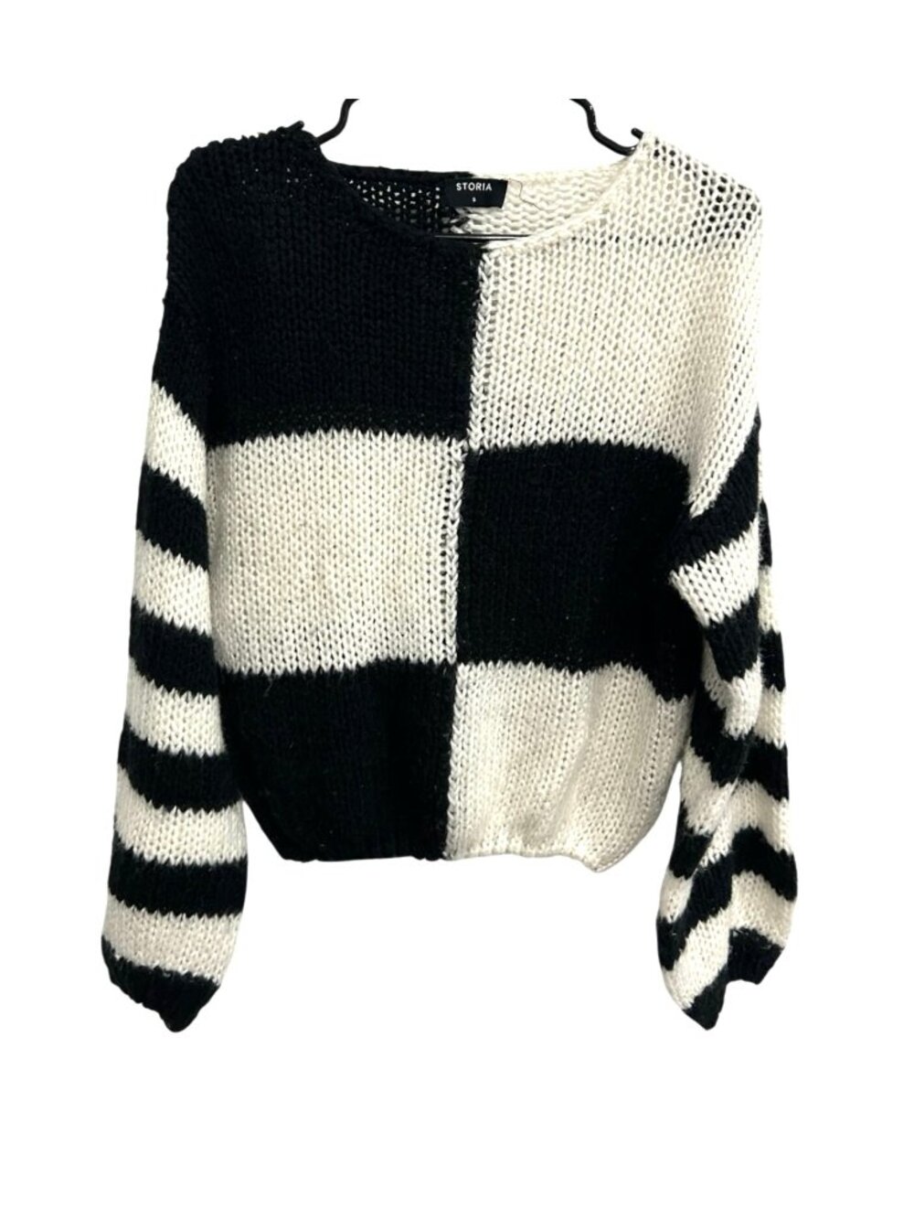 Storia Small Black White Colorblock Striped Knit Sweater Cozycore Minimalist